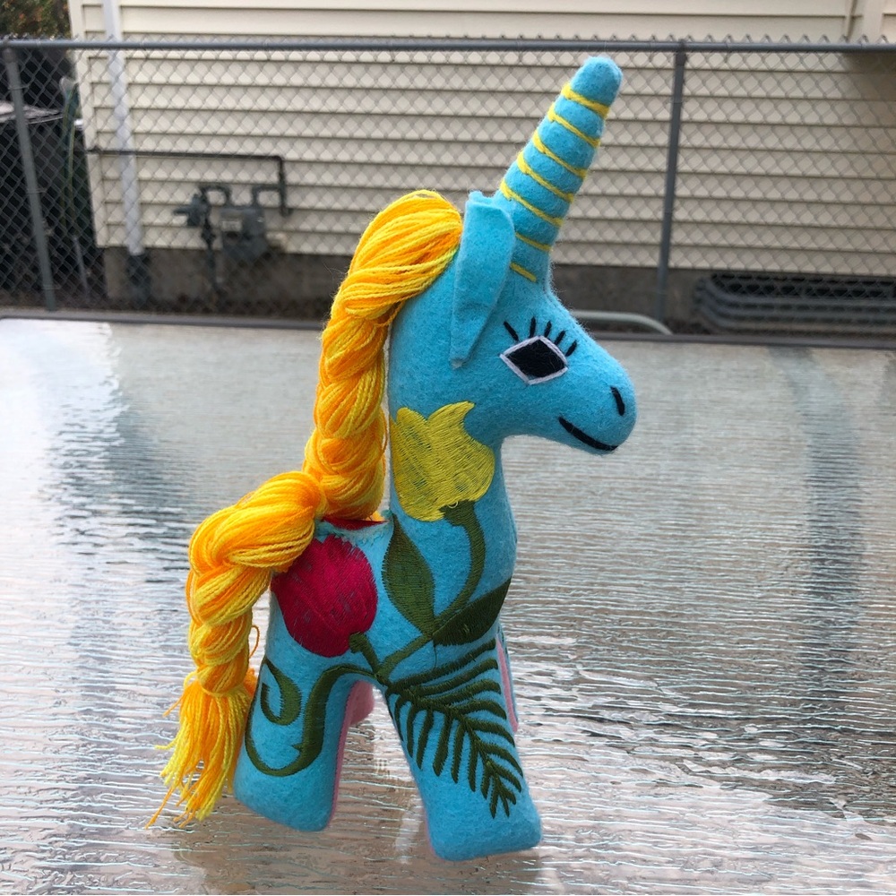 Mexican Folk Art Plush Unicorn Stuffed Animal Floral Embroidered Colorful Yarn